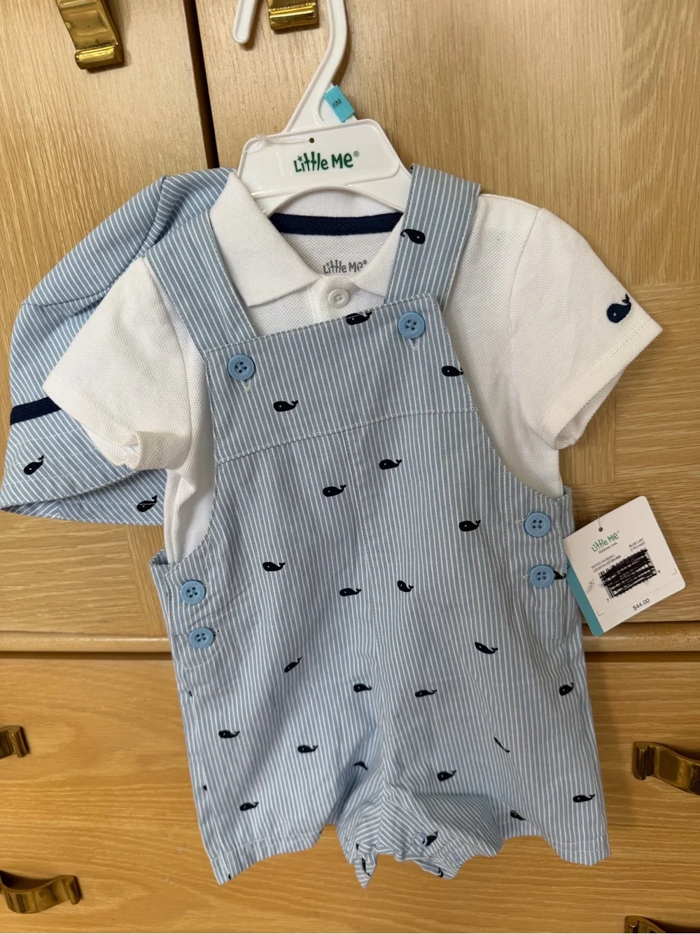 NWT, Little Me Blue Whale Stripe Romper with Hat, 6M